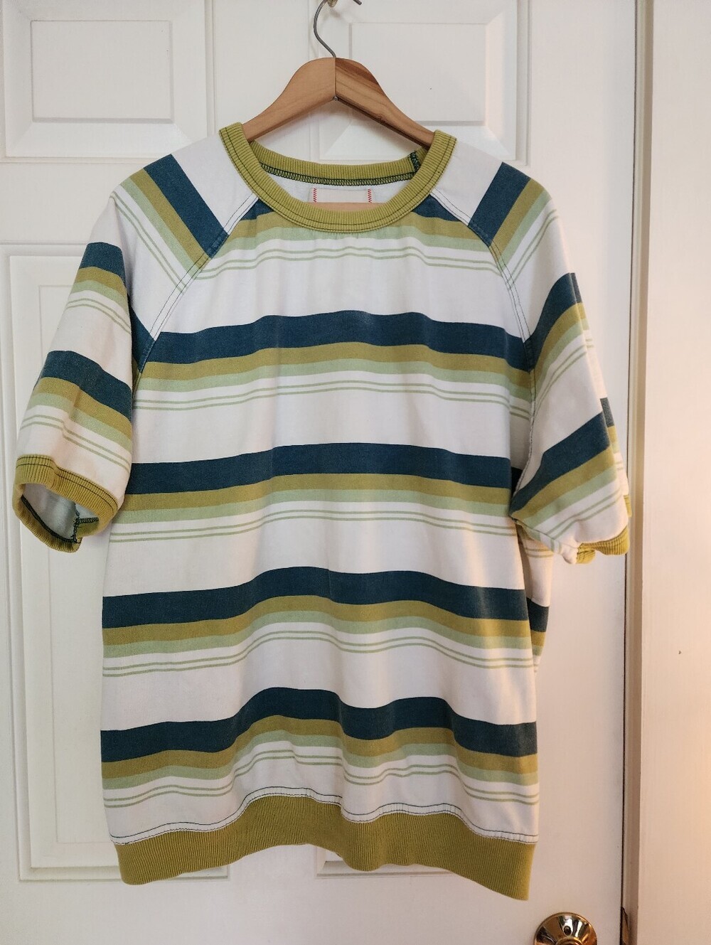 BDG Rugby Striped Short Sleeve Sweatshirt Size Large Crew Neck Green Blue